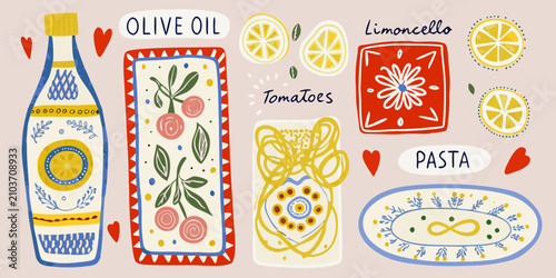 Bild auf Leinwand illustration of italian food ingredients and dishes in whimsical style olive oil