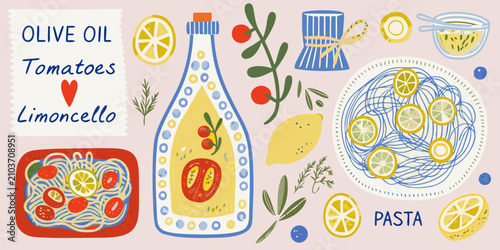 Фотография illustration of pasta dishes and ingredients on pastel background olive oil toma