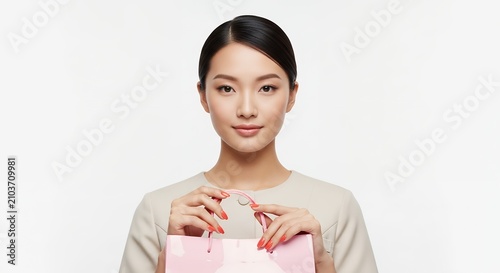 Young Asian Woman Holding a Pink Shopping Bag with a Content Expression.