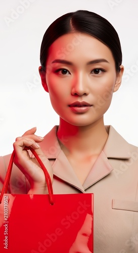 Young Asian woman holding a red shopping bag, illuminated by red light, looking directly at the camera with a serious expression.