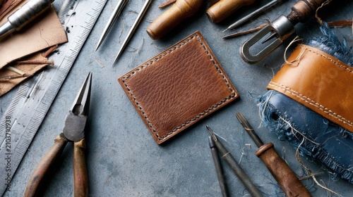 A collection of leather crafting tools laid out on a rustic surface, surrounding a handcrafted leather wallet. The tools include awls, needles, pliers, and cutting implements.