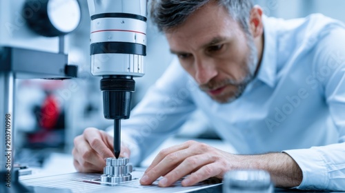 An engineer is carefully inspecting a metal part using a precision measuring instrument in a laboratory setting. The man has a focused expression as he works with the advanced equipment.