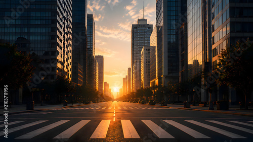Empty Modern City Street at Sunrise with Golden Light and Skyscrapers