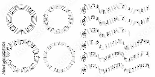 Schilderij op canvas musical notes on staffs in black and white line art music notation clef quavers