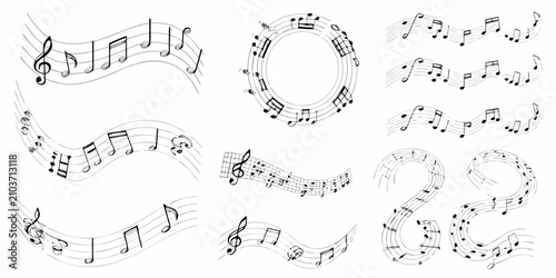 Schilderij op canvas musical notes on flowing staffs black and white vector illustration music notati