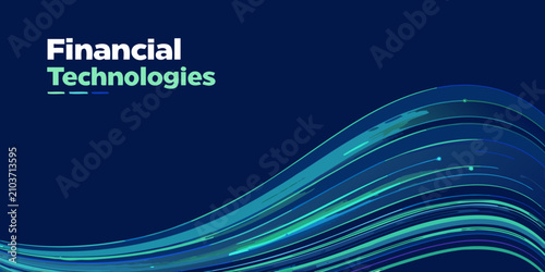 financial technologies text with abstract wave lines on dark blue background modern graphic design fintech innovation finance technology concept digital
