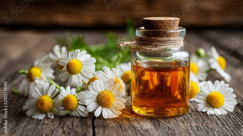 Chamomile essential oil in a small bottle. Selective focus. Generative AI,