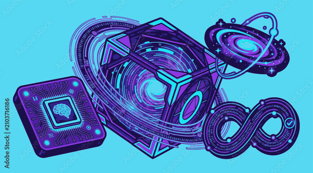 Fototapeta premium Isolated Quantum Computing Core Portal and Autonomous AI Chip Vector Logo,