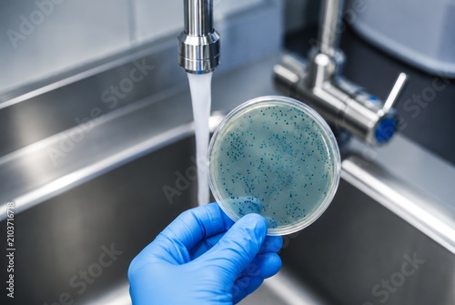 Petri Dish with E. coli Bacterial Culture in Front of Flowing Tap Water, Water Safety Inspection, Microbiological Testing, Environmental Health, Laboratory Research