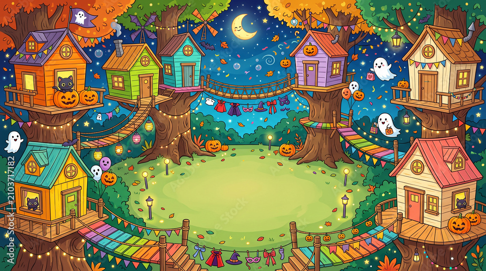 Naklejka premium Charming vector illustration of a festive Halloween treehouse village at night—featuring colorful wooden treehouses connected by rope bridges, glowing jack-o'-lanterns, black cats in windows, friendly