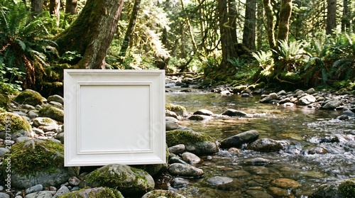 Empty White Picture Frame on Rocky Riverbank in Lush Forest.