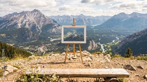 Easel with Painting of Mountain Landscape on Scenic Overlook.