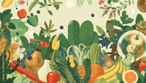 Fotografie A vibrant and colorful illustration showcasing a rich variety of fresh fruits and vegetables, depicting a healthy and abundant harvest