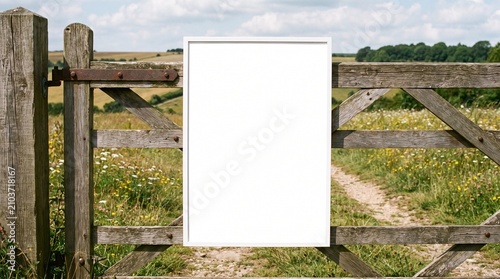 Blank White Sign on Rustic Wooden Farm Gate in a Grassy Field.