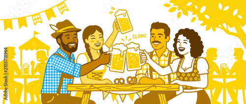 Quadro em tela Friends celebrating with beer and pretzels outdoors
