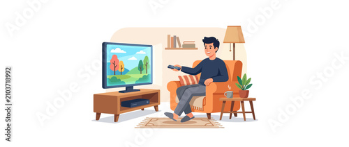 Fotografía Man watching TV from armchair with remote control