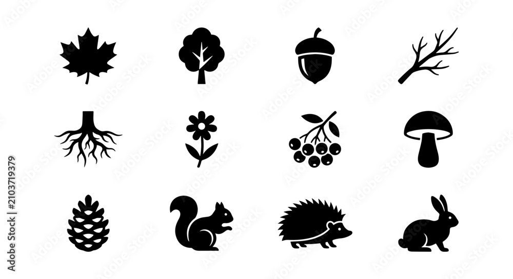 Obraz premium Forest Icons Set: Maple Leaf, Tree, Acorn, Branch, Roots, Flower, Berries, Mushroom, Pinecone, Squirrel, Hedgehog, Rabbit