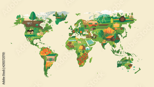 Canvastavla A stylized world map illustration depicting diverse global ecosystems, agriculture, and human settlements across continents