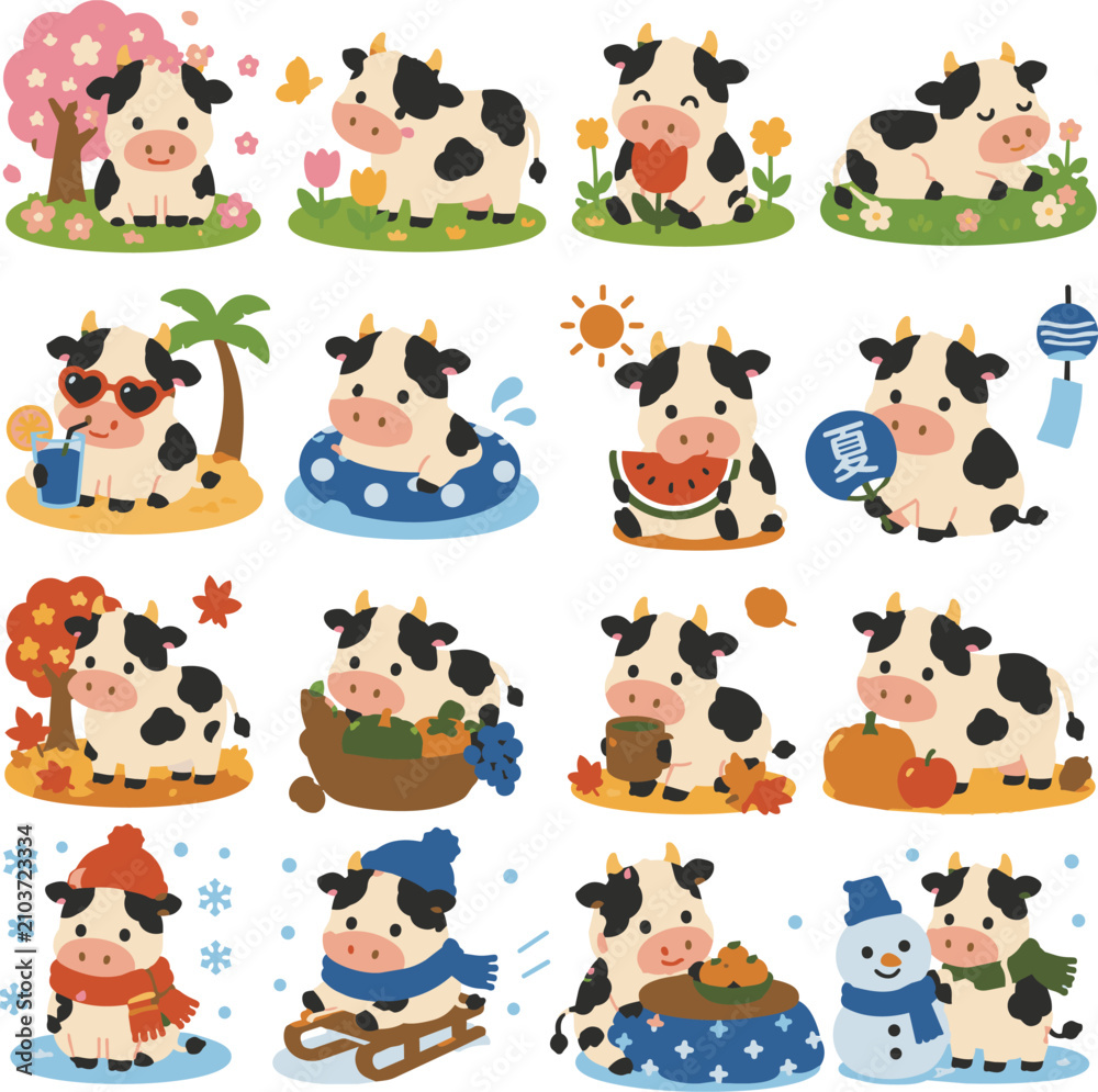 Naklejka premium Cute Cow Character Icon Set Illustration