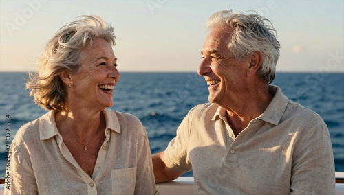 Joyful Senior Couple Enjoying Luxury Yacht Cruise at Sunset