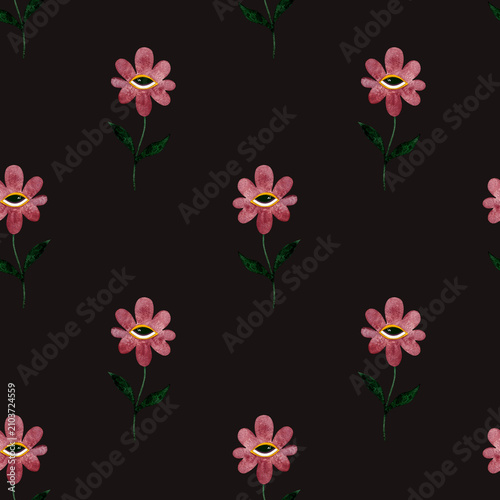 Watercolor seamless pattern with magical flowers with eyes on a dark background.