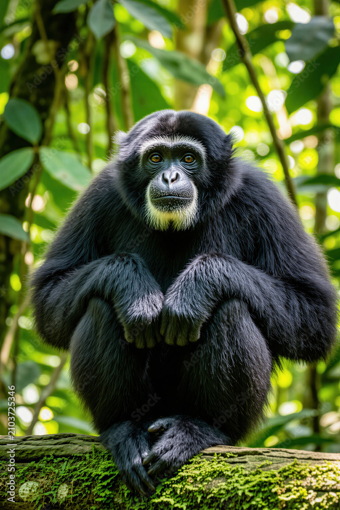 Fototapeta premium Siamang ape sits on mossy branch in jungle. Black primate with white beard stares intently forward, surrounded by green foliage. This endangered animal is a forest dweller.