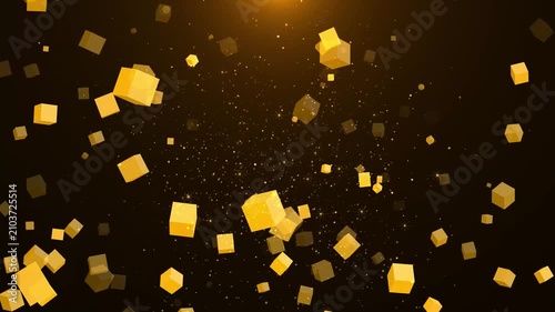 3d yellow cubes falling down on paritcles background