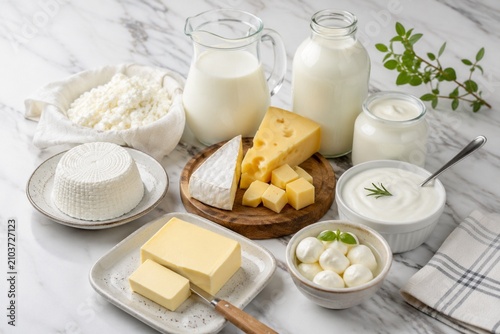 Assortment of dairy products arranged on a marble counter, emphasizing freshness and variety.