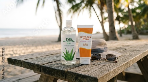 Aloe Vera Gel and After Sun Lotion Products on Wooden Beach Table