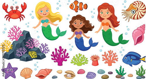 Cute Cartoon Mermaid and Underwater Sea Life Icon Set with Colorful Fish Coral Reef and Ocean Shell Illustrations