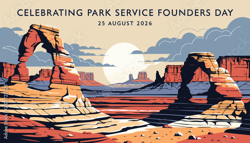 Schilderij op canvas National park service founders day poster with iconic desert arches illustration