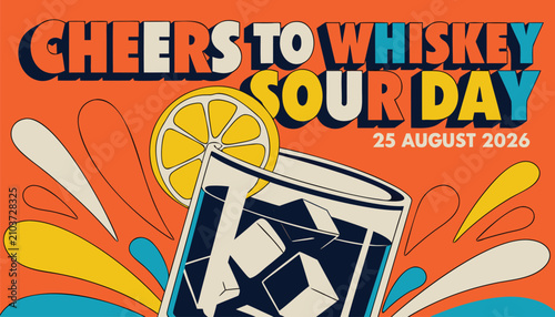 Billede på lærred Colorful retro poster celebrating national whiskey sour day with citrus garnish