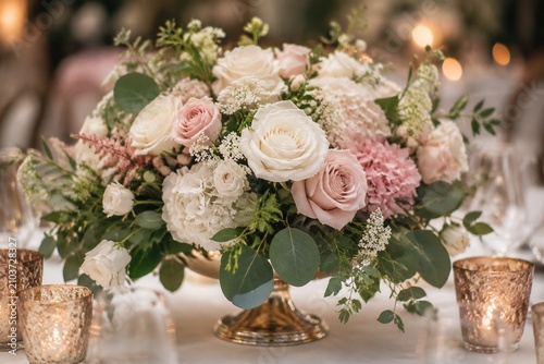 Elegant floral centerpiece on a table in a wedding setting.