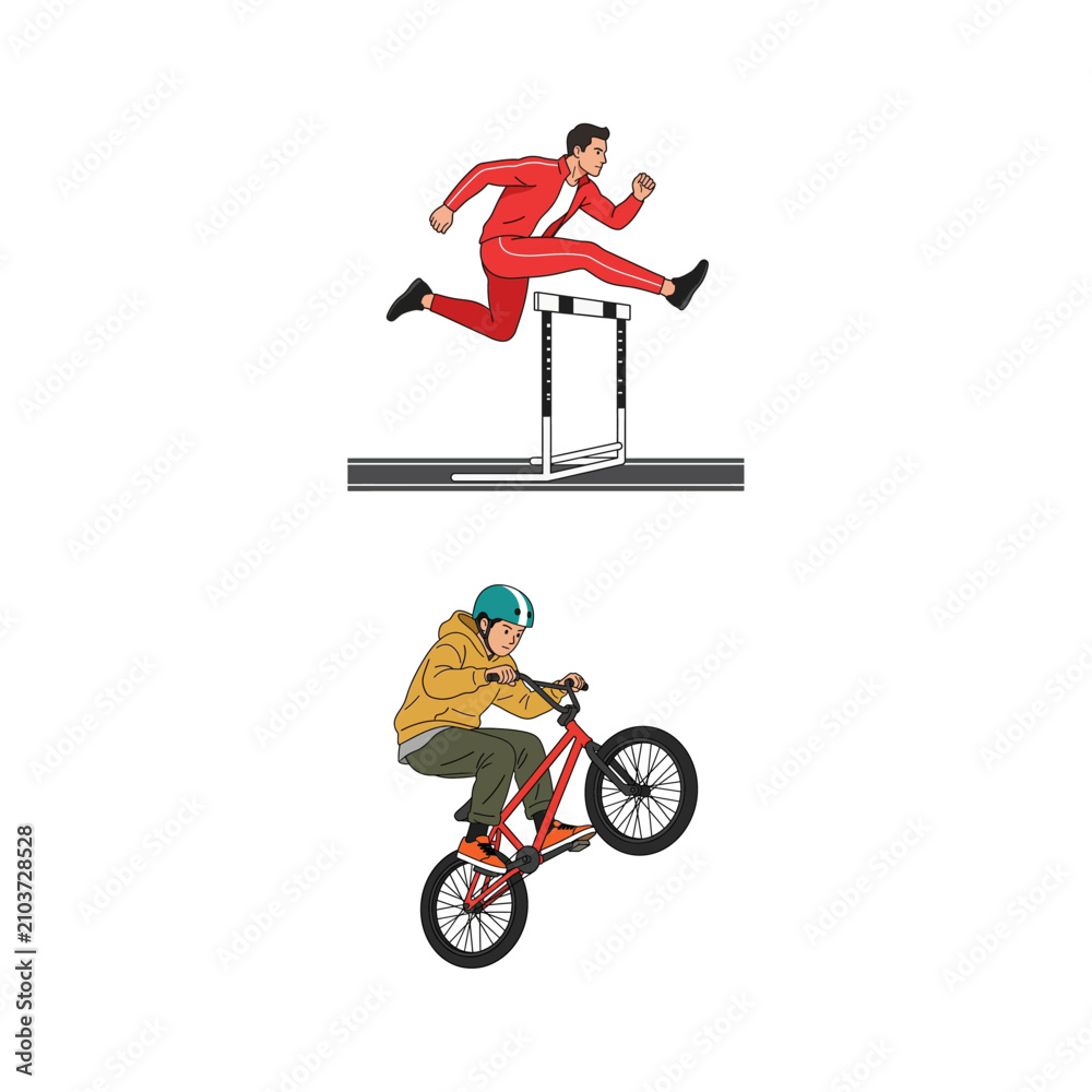 Obraz premium Dynamic Illustration Set Featuring an Athletic Man Jumping Hurdles and a Skilled Cyclist Performing a BMX Stunt Trick
