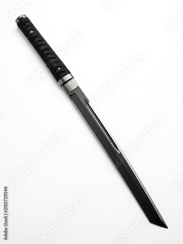 A Sleek Tactical Ninjato Sword Featuring a Matte Black Blade and a Textured Wrapped Handle