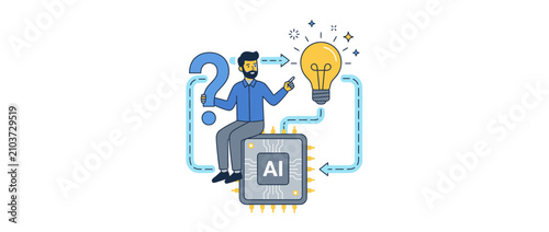 Man with Question Mark, AI Chip, and Lightbulb Idea