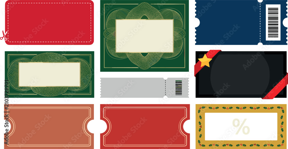 Obraz premium Christmas Ticket and Holiday Coupon Voucher Vector Template Set with Retro Distressed Designs, Star Ribbons, Barcodes, and Festive Holly Percent Labels