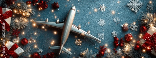 Travel for Christmas. Airplane with Christmas decor. New year. Selective focus. Generative AI,