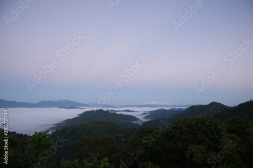 Breathtaking aerial view of misty valleys and lush green tropical rainforest mountains at dawn