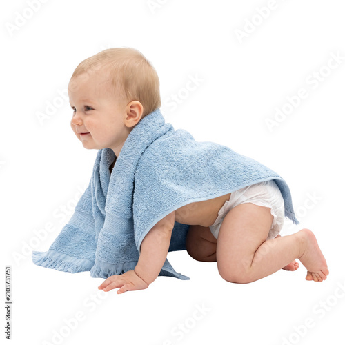 Cute baby boy crawling with blue towel after bath, isolated on white background