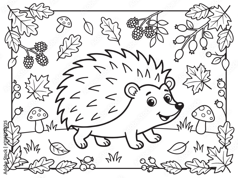 Fototapeta premium Cute Hedgehog in Autumn Forest Coloring Page for Kids, Nature Scene with Leaves Mushrooms and Berries Lineart Outline for Children Activity Illustration