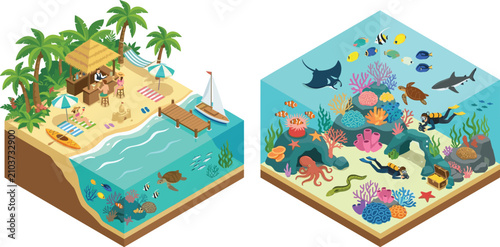 Schilderij op canvas Isometric Tropical Beach Resort and Underwater Coral Reef Cross Section Vector S