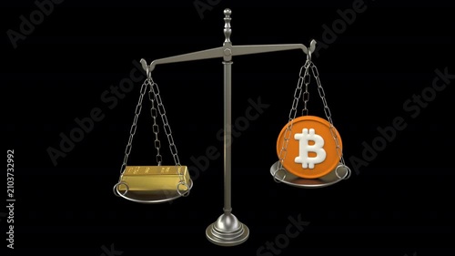 Gold bar vs bitcoin balance scale – 3d render looped with alpha channel.