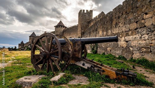 Ancient cannon positioned in front of a weathered stone castle wall under a dramatic cloudy sky, evoking history and defense