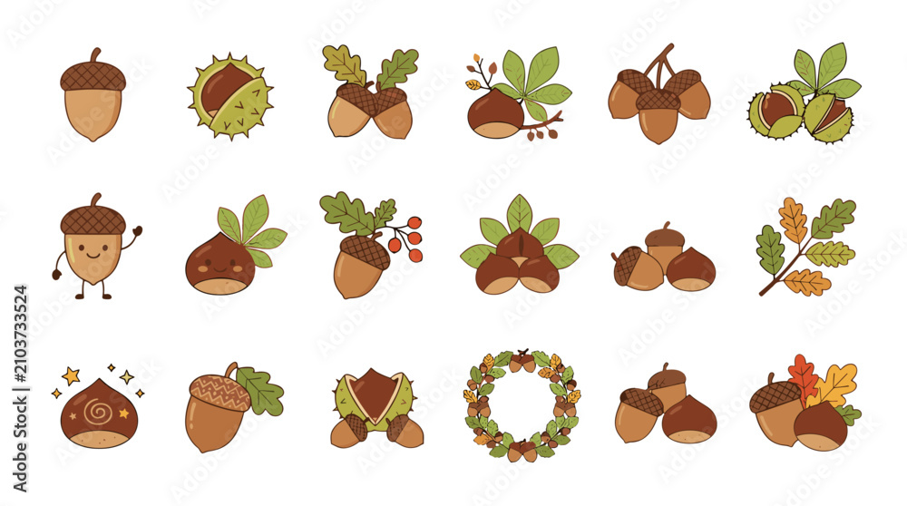Fototapeta premium Collection of cartoonstyle autumn and fallthemed nuts, berries, leaves, and acorns