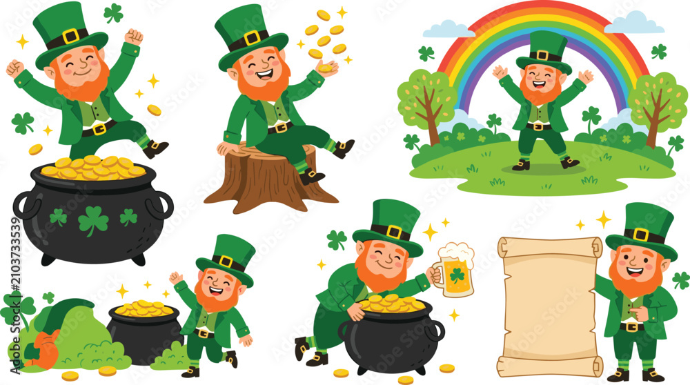 Fototapeta premium Saint Patrick Day Leprechaun Character Illustration Set with Pot of Gold Coins Rainbow Shamrocks and Blank Scroll Template