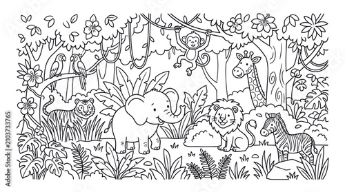 Photography Dense jungle wildlife habitat scenery coloring page.