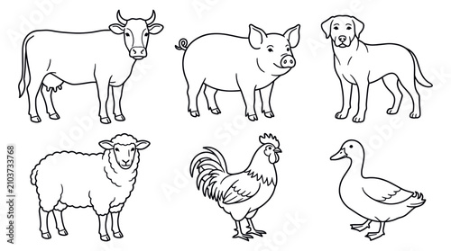 Bild auf Leinwand Farm animal set with cow and pig coloring page.