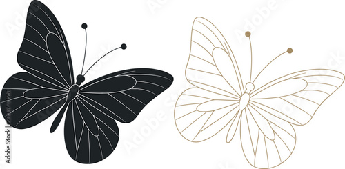 Butterfly Silhouette and Outline Collection, Elegant Insect Vector Set for Decorative Nature Design Illustration Pack Isolated