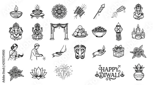 Collection of festive diwali symbols and traditional decorations for celebration and prosperity